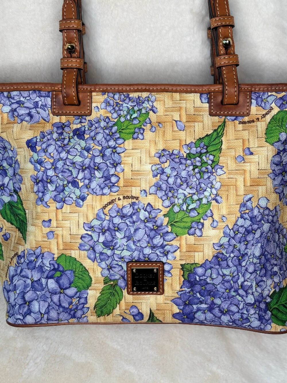 Dooney & Bourke Purple Hydrangea With Yellow Basketweave Design Shopper Tote Bag - Picture 2 of 16
